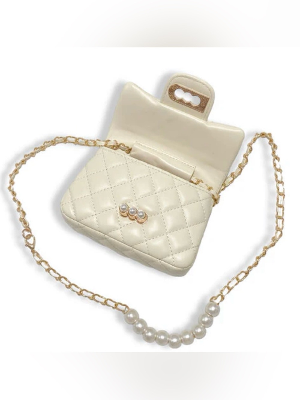 NWT Doe A Dear Girls Youth Quilted Patent Crossbody Bag Gold Chain Cream Color - Picture 2 of 6